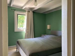 BiggekerkeDe Weide Blick的绿色卧室设有床和窗户