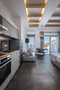 Pera GyalosVivere Luxury Suites的厨房以及带沙发和桌子的客厅。
