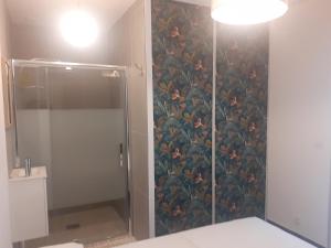 托尔雷莱Villa san salvador Torreilles plage的浴室设有花卉壁画淋浴。