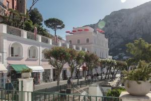 卡普里Il Capri Hotel的一条有建筑和树木的街道,一条有山的街道