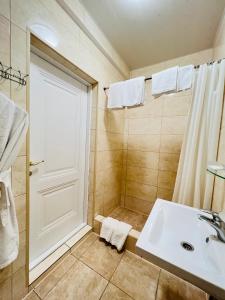 尼古拉耶夫Sergeev Hotel的浴室配有白色水槽和淋浴。