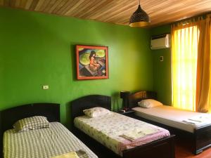 伊基托斯Amazon Dream Hostel with AC and Starlink的一间设有两张床和绿色墙壁的客房