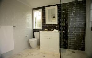 布里斯班希尔之家旅馆的浴室配有卫生间、盥洗盆和淋浴。