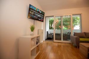 格拉茨Appartements in Graz beim LKH的客厅配有沙发和墙上的电视