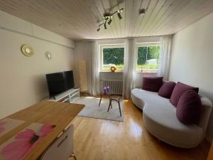 蒂宾根2-Zimmer-Nichtraucher-Ferienwohnung Strobel的客厅配有白色的沙发和桌子