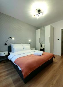 伊拉华Apartament nad Iławką的一间卧室配有一张大床和吊扇