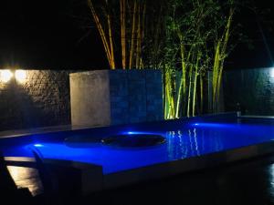 哈伯勒内Bangalawa Resort的花园中的一个蓝色灯光浴缸