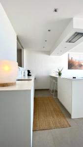 德哈恩DeHaanStudio的厨房配有白色橱柜和棕色地毯。