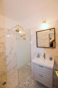 桑塞尔Le Logis du Beffroi的浴室配有盥洗盆和带镜子的淋浴