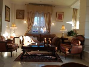 塞萨洛尼基Πολυτελής κατοικία με θέα τον Θερμαϊκό的客厅配有沙发、椅子和桌子