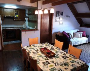 埃斯特里-德阿内乌Esterri apartamento ideal famílias o grupos con Wifi的厨房以及带桌子的用餐室。