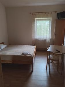 克雷廷加Trevena Kretinga的一间卧室配有一张床、一张桌子和一个窗户。