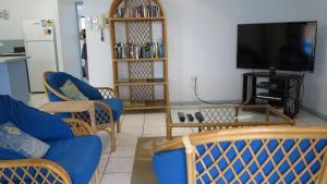 阿卡狄亚Magnetic Shores Unit 2的客厅配有蓝色椅子和平面电视