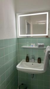 MalschApartment nähe Ettlingen - 15 min zur Messe Karlsruhe的绿色浴室设有水槽和镜子