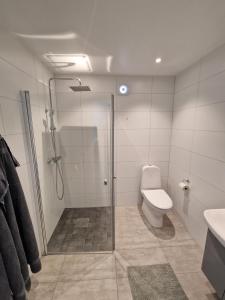 KodeKungälv-Kode Golf Club Apartments的带淋浴、卫生间和盥洗盆的浴室