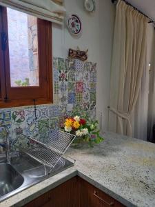 卡洛帕尼亚伊奥蒂斯Glykoharama Cottage的厨房柜台设有水槽和花瓶