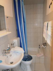 克伦胡森Haus Steinbach的浴室配有卫生间、盥洗盆和浴缸。