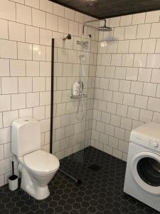 纳坦利Hurmaava vierassviitti hyvällä sijainnilla!的一间带卫生间和洗衣机的浴室