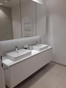 安嫩海姆Apartment Augenweide的白色的浴室设有两个盥洗盆和镜子