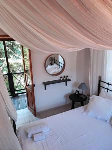 Panayia利亚科托乡村民宿的一间卧室配有一张大床和镜子