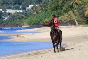 普安迪米耶Hotel Tieti的骑马在海滩上的人