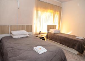 帕苏丰杜Planaltur Hotel的酒店客房设有两张床和窗户。
