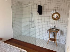 布鲁塞尔Jolie studio avec vue sur l'Atomium的带淋浴、水槽和镜子的浴室