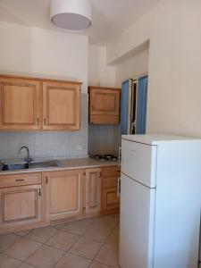 普罗基奥Il Roseto的厨房配有木制橱柜和白色冰箱。