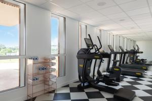 莱瑟佩瑟Hôtel Omnubo Collection的一个带跑步机和椭圆机的健身房,位于带窗户的房间内