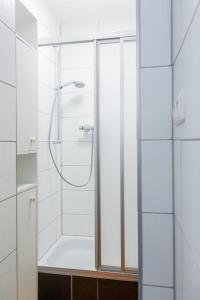腓特烈斯科格Landhaus Nordsee-Peerhuus的白色的浴室设有玻璃门淋浴