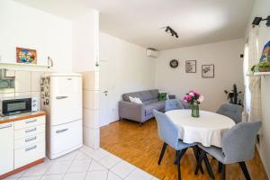 奥拉萨奇Ponte Apartment的厨房以及带桌子和沙发的客厅。