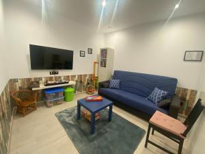 GalisteoCasa Rural La Alborá的客厅配有蓝色的沙发和电视