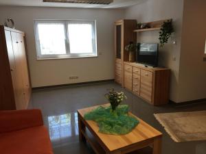 普富林根Ferienwohnung - Pfullingen - Reutlingen的客厅配有咖啡桌和电视