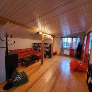 里加Studio apartment and FREE airport transfer的客厅设有红色的沙发和木地板