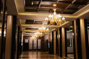 佩奇杜卡吉尼酒店的建筑中带有吊灯的走廊