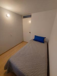 波哥大Apartamento Luna 170的一间卧室配有一张带蓝色枕头的床