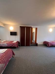 萨拉热窝Hotel Begić的酒店客房设有两张床和一台平面电视。