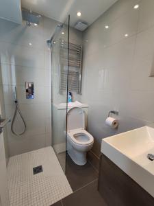 伦敦Modern 2 Bedroom Flat with private outdoor terrace的浴室配有卫生间、淋浴和盥洗盆。
