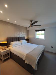 伦敦Modern 2 Bedroom Flat with private outdoor terrace的一间卧室配有一张大床和吊扇