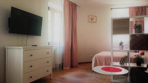 卢布林Apartament Malinowy Świętoduska 12的一间卧室配有一张床和一个带电视的梳妆台