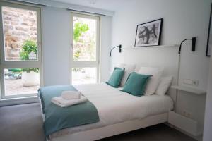 布尔戈斯HomeSanGil的一间卧室配有一张带蓝色和白色枕头的床