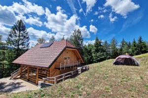 Stari Trg pri LožuDormitory and wooden house Beli gaber的山丘上的小木屋和帐篷
