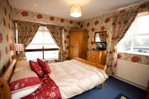 索兹常青食宿酒店的一间卧室配有一张带红色枕头的大床