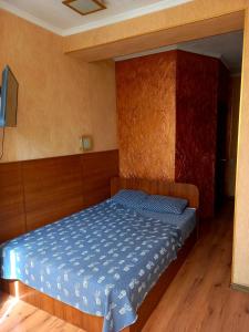 敖德萨洛丁娜酒店的一间卧室配有一张带蓝色棉被的床