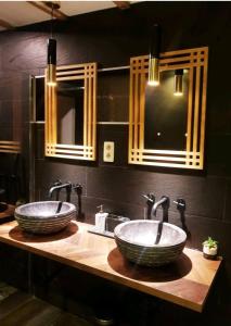 布鲁塞尔Beautiful Duplex in the center of Brussels的浴室设有2个水槽和2个镜子