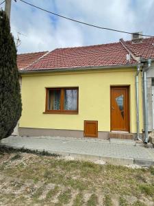 瓦尔季采Ubytování Valtík的黄色的房子,设有棕色的门和窗户