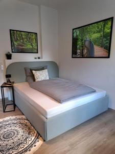 伊瑟隆Waldstadt-Apartments的卧室内的一张床铺,墙上有两张照片