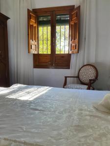 格拉纳达Carmen de la Sultana的一间卧室设有一张床、一个窗口和一把椅子