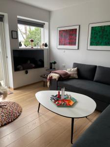托尔斯港Nice apartment in the middel of Tórshavn的客厅配有沙发和桌子
