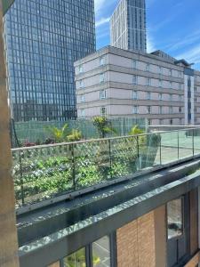 伯明翰Luxury 9ine PENTHOUSE WITH GARDEN & JACUZZI的阳台享有带建筑的城市景观。